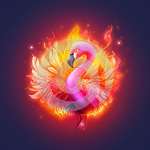AI generated illustration of a pink flamingo with bright and fiery flames licking up around feathers