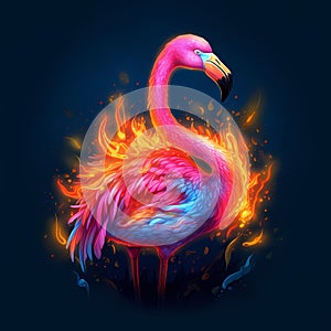 AI generated illustration of a pink flamingo with bright and fiery flames licking up around feathers