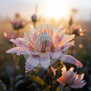 AI generated illustration of a pink flower covered with waterdrops in a field at golden hour