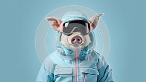 AI generated illustration of a pink pig wearing red ski boots and protective goggles on its head