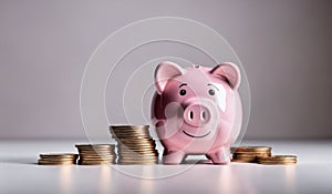 AI generated illustration of a pink piggy bank with coins stacked neatly against a white background