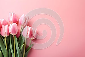 AI generated illustration of pink tulips with vibrant green foliage in the corner of pink background