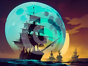 AI-Generated Illustration of a Pirate Ship sailing in the Night