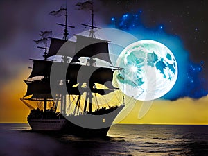 AI-Generated Illustration of a Pirate Ship sailing in the Night