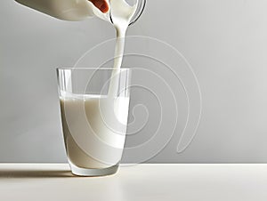 AI generated illustration of a pitcher pouring milk into glass on table, light gray backdrop