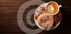 AI-generated illustration of a plate of a bagel with bacon and a cup of latte