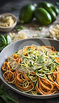 AI generated illustration of a plate filled with al dente pasta with zucchini and parsley