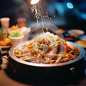 AI generated illustration of a plate of prepared pasta with cheese and assorted vegetables