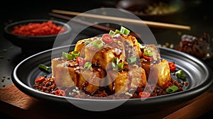 AI generated illustration of a plate of traditional Chinese ma po tofu dish served on a black plate,