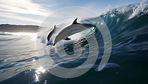 AI generated illustration of playful dolphins jumping in the air in unison out of the water