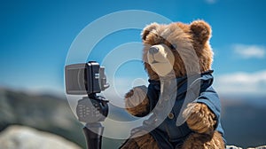 AI generated illustration of A plush brown teddy bear holds a vintage-style camera in its paws