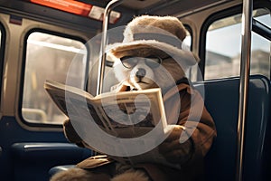 AI generated illustration of a plush teddy bear reading a newspaper in a bus