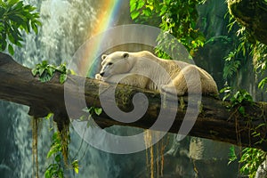 AI-generated illustration of A polar bear napping on a tree branch beneath a rainbow