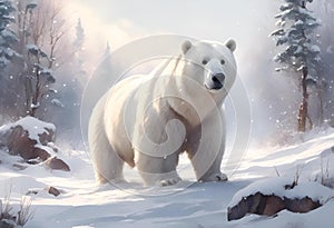 AI generated illustration of a polar bear navigating snowy forest in winter storm