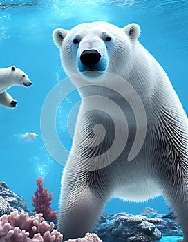 AI generated illustration of a polar bear swimming near coral reef.