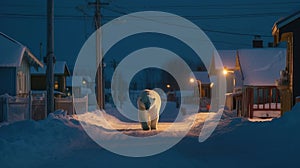 AI generated illustration of a polar bear walking down a city street on a winter day