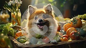 AI generated illustration of Pomeranian dog sitting on a pile of tomatoes