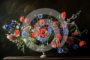 AI generated illustration of poppies and cornflowers in vase in the style of an old master painting