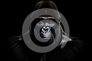 AI generated illustration of a portrait of an adult gorilla on a black background