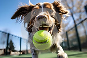 AI generated illustration of a portrait of a happy, brown dog playing with a tennis ball