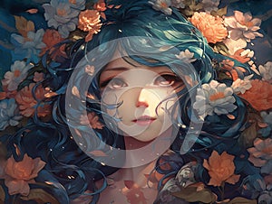 AI generated illustration of a portrait of a young woman with blue hair adorned with flowers