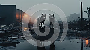 AI generated illustration of post-apocalyptic wolves on a city
