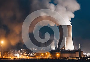 AI generated illustration of a power station with smoke stacks emitting smoke