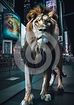 AI generated illustration of a powerful lion sauntering along a bustling city street photo