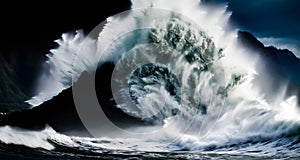AI generated illustration of powerful ocean wave crashing against dark rocky shore