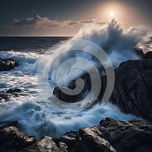 AI generated illustration of a powerful ocean wave crashing against the rocky shore on a cloudy sky