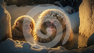 AI generated illustration of primates sitting in the snow on a sunny day