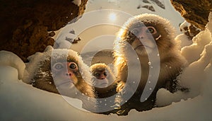 AI generated illustration of primates sitting in the snow on a sunny day
