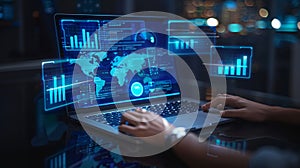 AI generated global business analytics dashboard with futuristic data visualization