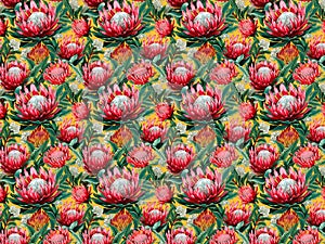 AI generated illustration of proteas pattern on green backdrop with blooms