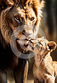 AI generated illustration of a proud lion tenderly nuzzling the nose of its young cub