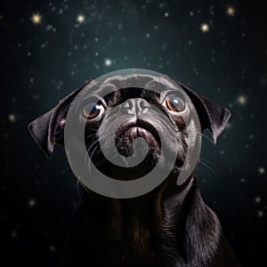 AI generated illustration of A Pug dog looks up at the night sky filled with stars