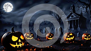 AI generated. Illustration. Pumpkins with glowing grins lie in cemetery on moonlit night. Creepy photo. Halloween card.