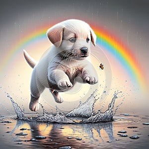 AI generated illustration of a puppy's unexpected leap into a puddle splashing water all around