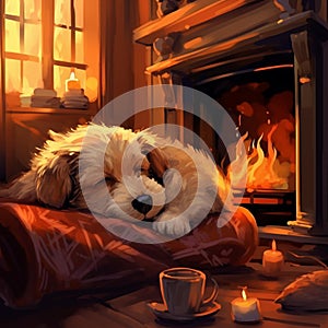 AI generated illustration of a puppy sleeping on a comfortable blanket near a fireplace