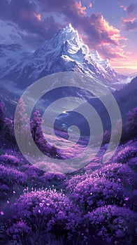 AI generated illustration of purple flowers in full bloom against majestic snow-covered mountains