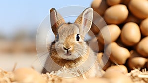 AI generated illustration of a rabbit with brown markings perched atop a pile of hay bales