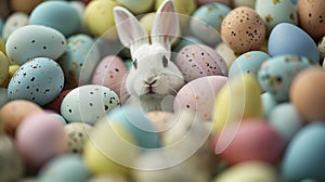 AI generated illustration of a rabbit emerges from a nest of Easter eggs with small companions