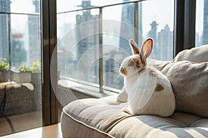 AI generated illustration of a rabbit lounging on a sofa