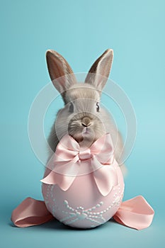 AI generated illustration of a rabbit with a pink bow with an egg