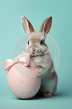 AI generated illustration of a rabbit with a pink bow with an egg