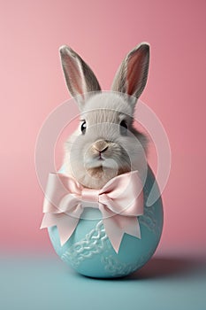 AI generated illustration of a rabbit with a pink bow with an egg