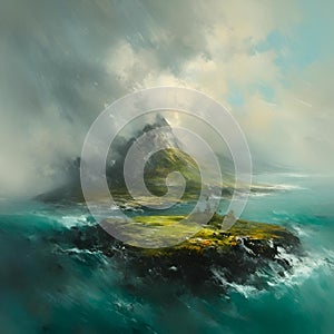 AI generated illustration of a rainy day painting with choppy water ripples photo