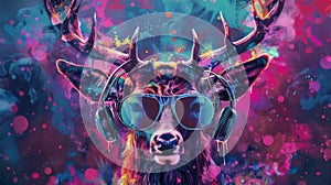 AI generated illustration of a rave culture stylish deer accessorized with glasses and headphones