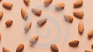 AI generated illustration of raw almonds on a beige surface, viewed from above