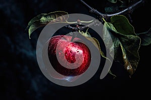 AI generated illustration of a red apple on a lush, green tree branch isolated on dark backrgound